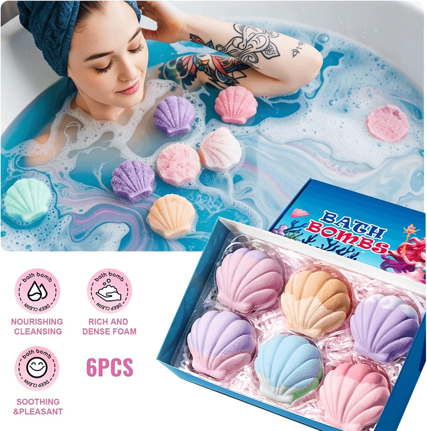 6-Pack Dual-Tone Seashell Bath Bombs for Women - Relaxing Scents Gift Set (Lavender, Rose, Orange Blossom) for Skin-Softening Aromatherapy Bath