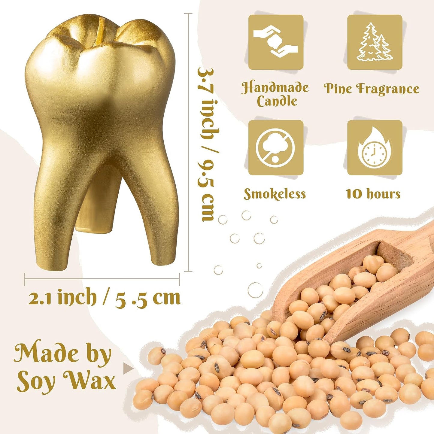 Zainpe Tooth Scented Candle Gold Dental Room Aesthetic Decor Pine Fragrance Long Lasting Candle Handmade Natural Soy Wax Aromatherapy Candle for Dentist Clinic Party Supplies Gift 3.7 x 2.1 in