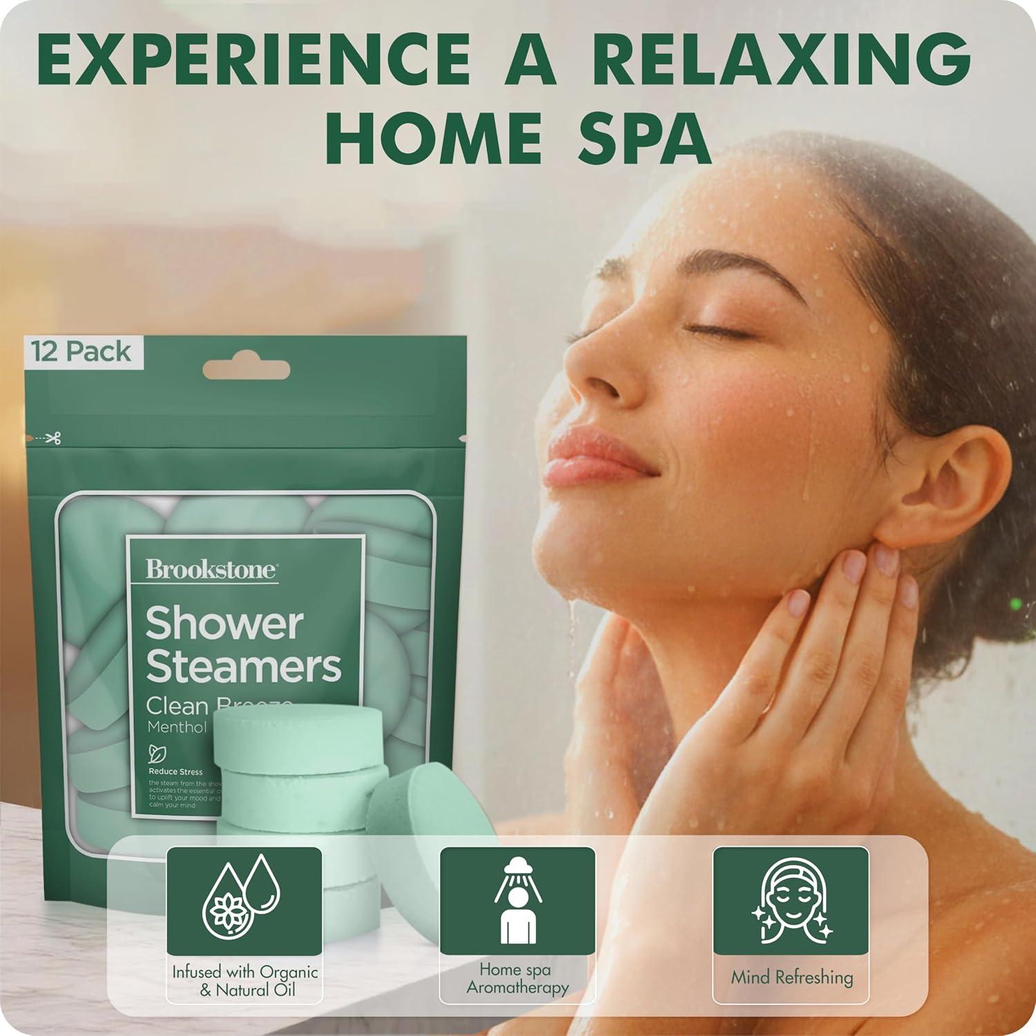 Brookstone Shower Steamers Aromatherapy 12 Tablets - Christmas Stocking Stuffers for Men, Birthday Gifts for Women, Green Elephant, Relaxation, Self Care - Shower Steamers Clean Breeze