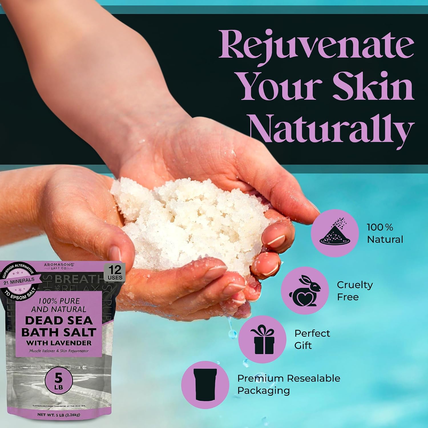 Aromasong Pure Dead Sea Salt for Soaking with 100% Natural Lavender, 5 LB - Spa Bath Salt Fine Grain - Body Wash Scrub - Soak for Women & Men- Bulk Resealable Pack (Packaging May Vary)