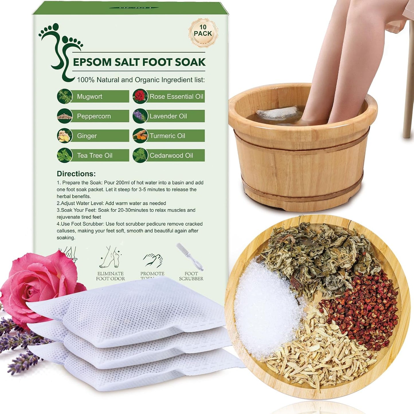 10Pack Foot Soak with Epsom Salt, Epsom Salts for Soaking,Dead Sea Salt Soothes Tired Feet, Odor Scent, Spa Pedicure Care Foot Soaking, with feet scrubber