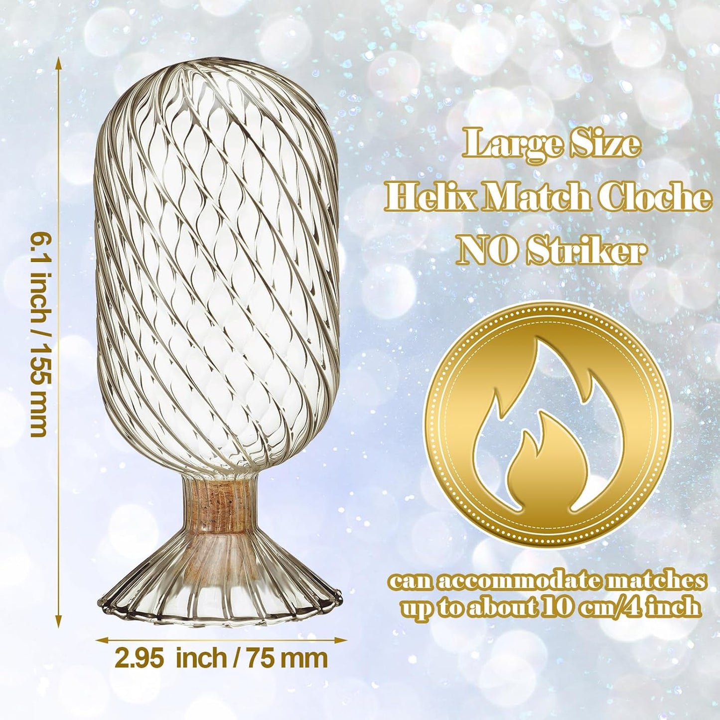 Cinnvoice Helix Shaped Glass Matches Cloche Decorative for 4 Inch Candle Matches Trendy Fireplace Display Decor, Not Include Matches(Smoke Grey,2.95 x 6.1 Inch)