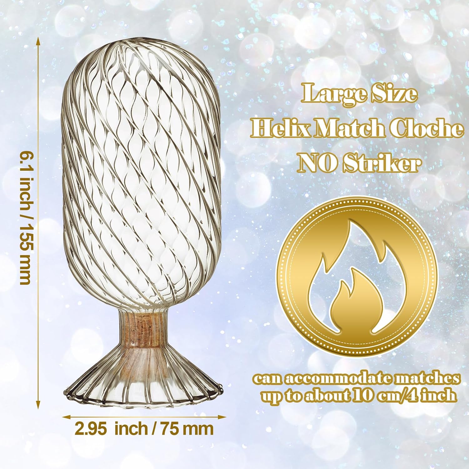 Cinnvoice Helix Shaped Glass Matches Cloche Decorative for 4 Inch Candle Matches Trendy Fireplace Display Decor, Not Include Matches(Smoke Grey,2.95 x 6.1 Inch)