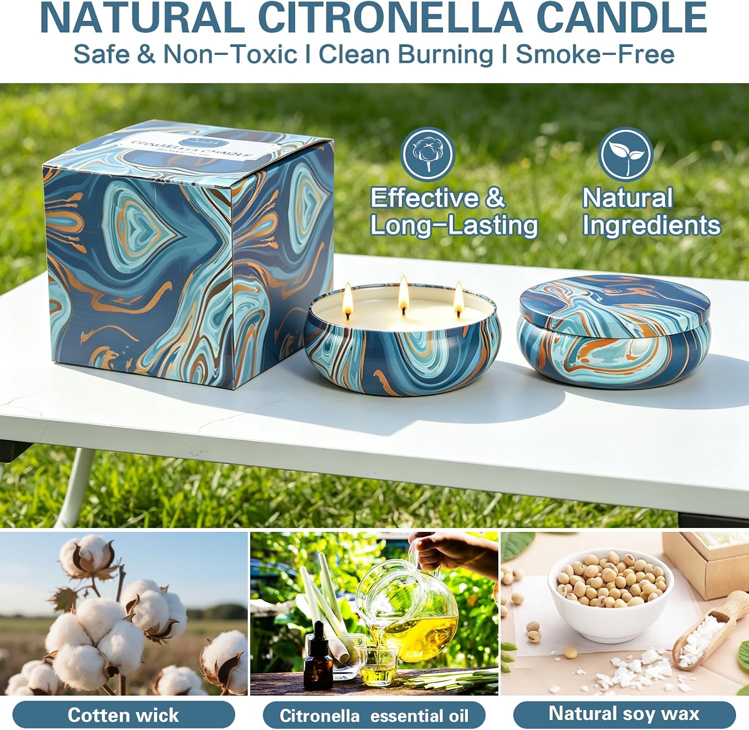 Citronella Candles Outdoor for Patio, 12oz Large 3-Wick Natural Soy Wax Candle, 2 Pack, Total 160H Long Lasting Citronella Oil Candle with Lids, Blue Marble Tin for Backyard, Deck, Camping, Indoor
