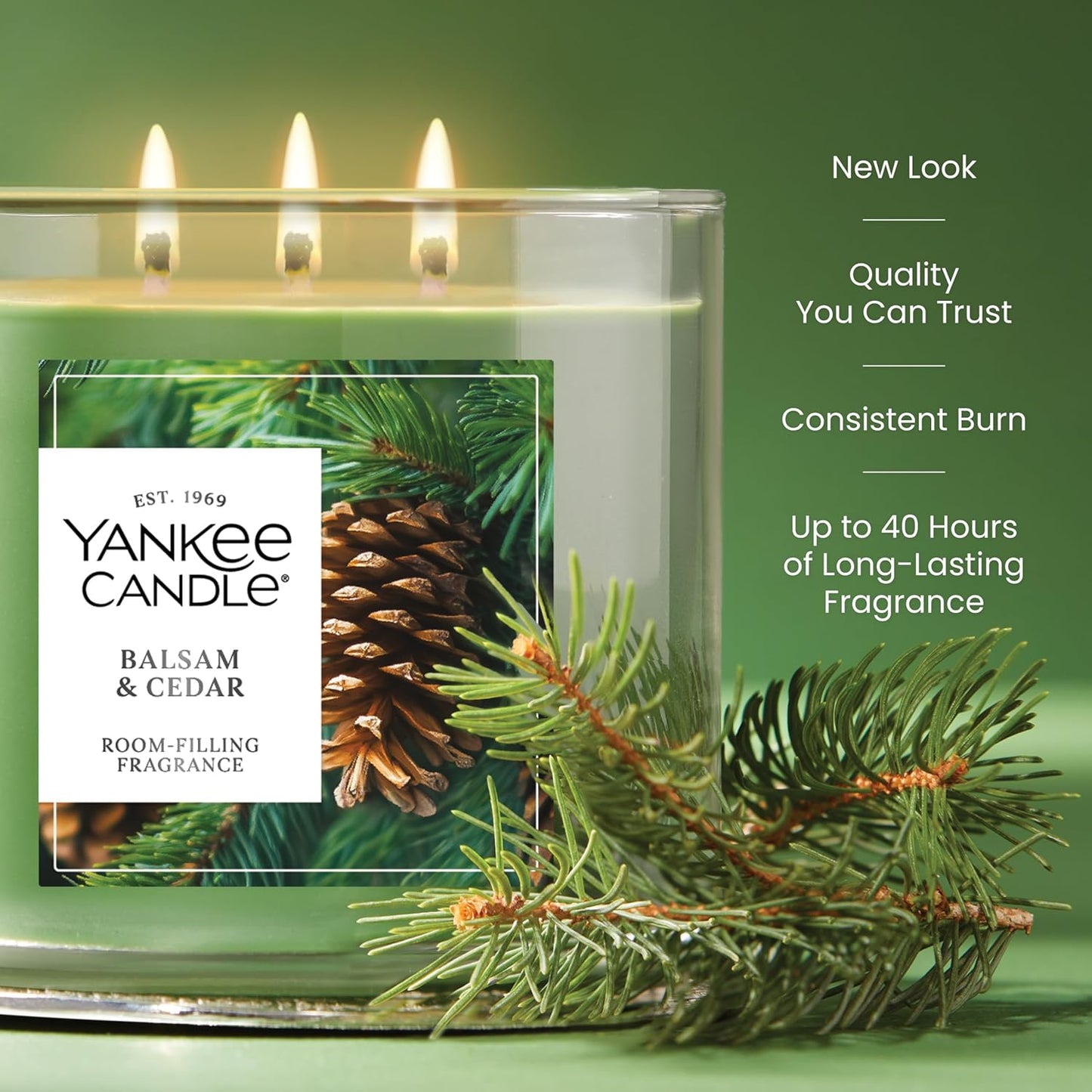 Yankee Candle Balsam and Cedar, Scented Candle, 14.5oz 3-Wick Candle Jar with up to 40 Hours Burn Time, Giftable
