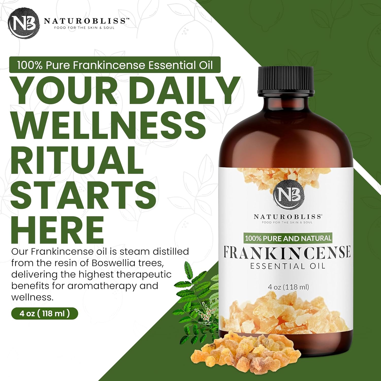 NaturoBliss 100% Pure Frankincense Essential Oil Therapeutic Grade Premium Quality (4 fl. oz) with Glass Dropper, Perfect for Aromatherapy