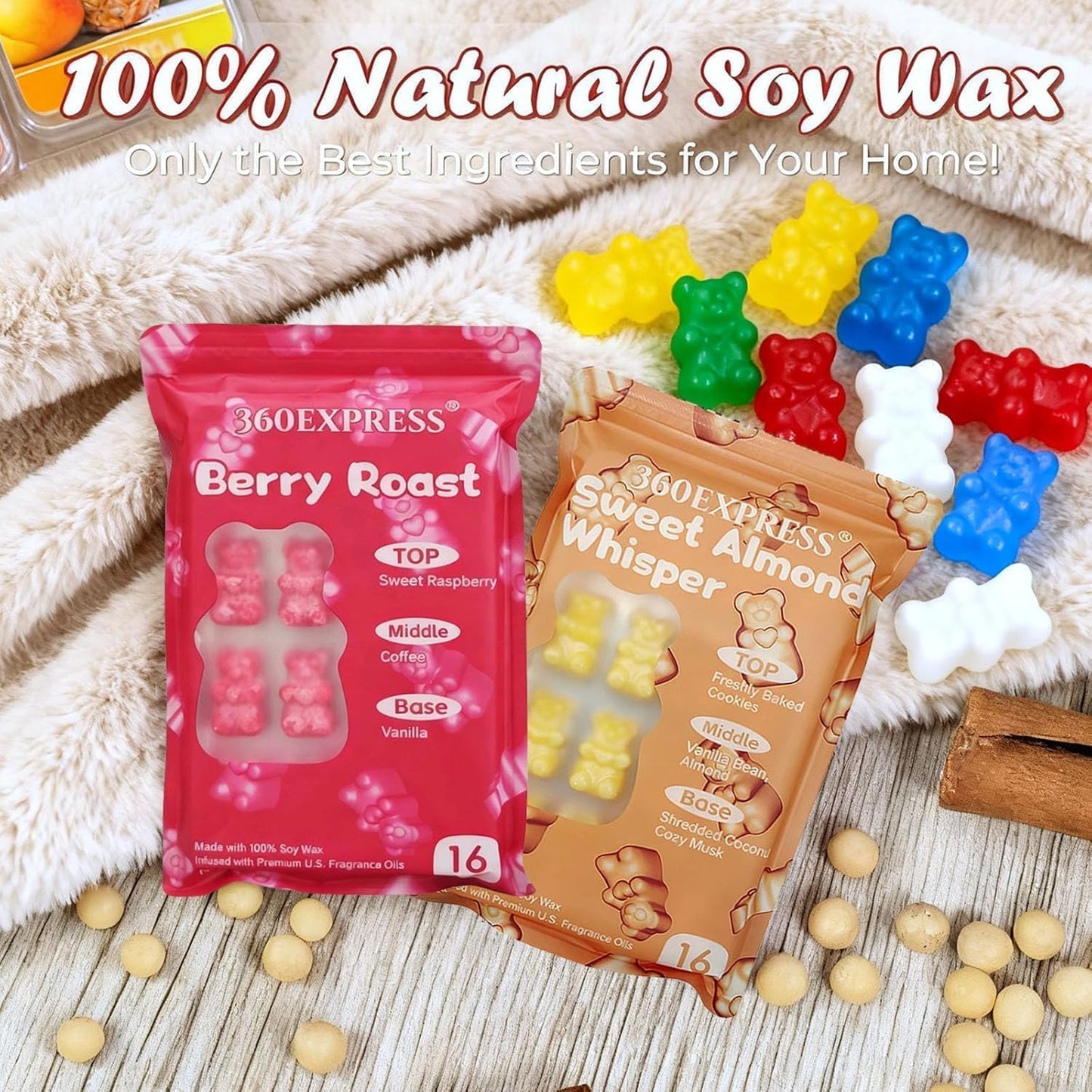 Wax Melts Variety Pack - 64 Bear Shaped Soy Wax Tarts with US Essential Oils - Includes Silken Swirl, Sweet Almond Whisper, Berry Roast, Butter Bliss