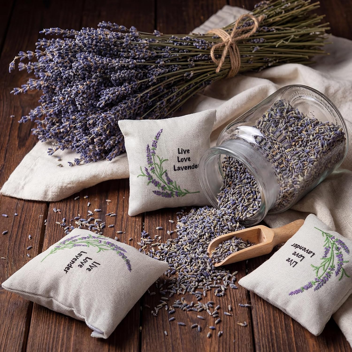 SATINIOR 6 Pack 6 x 6 Inch Embroidered Lavender Sachet Bags Sachet Empty Bags with Hook and Loop Fasteners Cotton Linen Pouch for Filling Spice Jewelry for Wedding(Beige,Novelty)