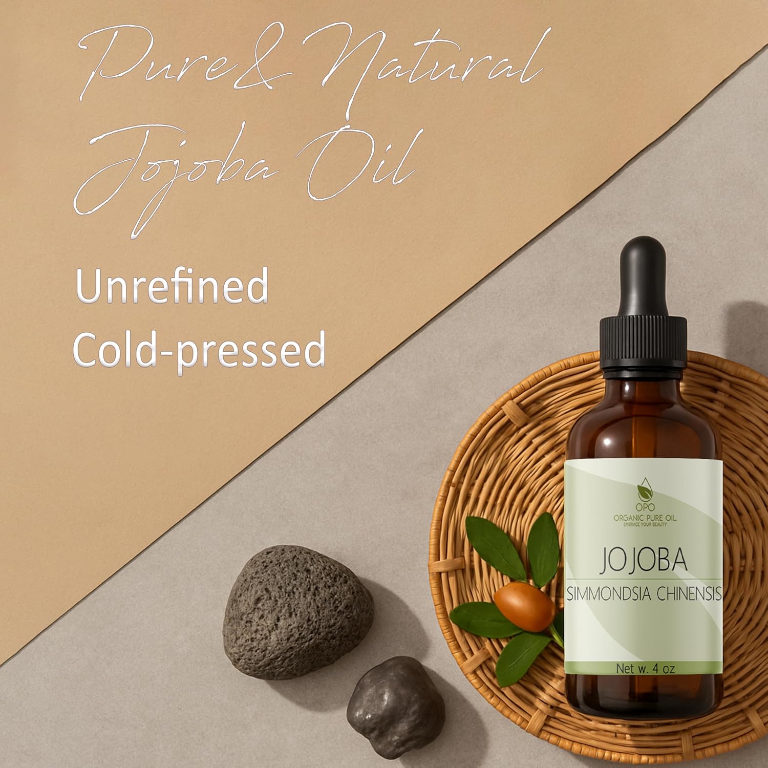 Jojoba Oil - Pure, Cold Pressed, Unrefined, Virgin Hydrating & Moisturizing Carrier Oil for Skin, Hair, Face, Facial Care, Body, Massage, Ear, Beard, Makeup Remover - 4 oz Glass & Dropper - OPO