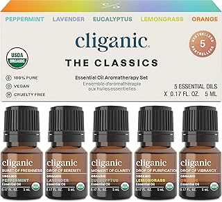 Cliganic Organic Essential Oils Set (Top 5 - The Classics) - 100% Pure Natural - Aromatherapy, Candle Making - Peppermint, Lavender, Eucalyptus, Lemongrass & Orange