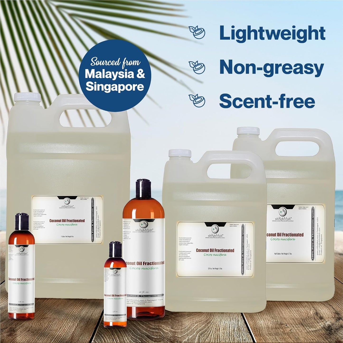 uhRohMuh Premium Fractionated Coconut Oil, Lightweight Emollient Hydrating Moisturizer for Skin, 100% Pure, Unscented for Hair & Skin, Expeller Pressed Carrier Oil(Net Wt: 3.7kg/8.2lb