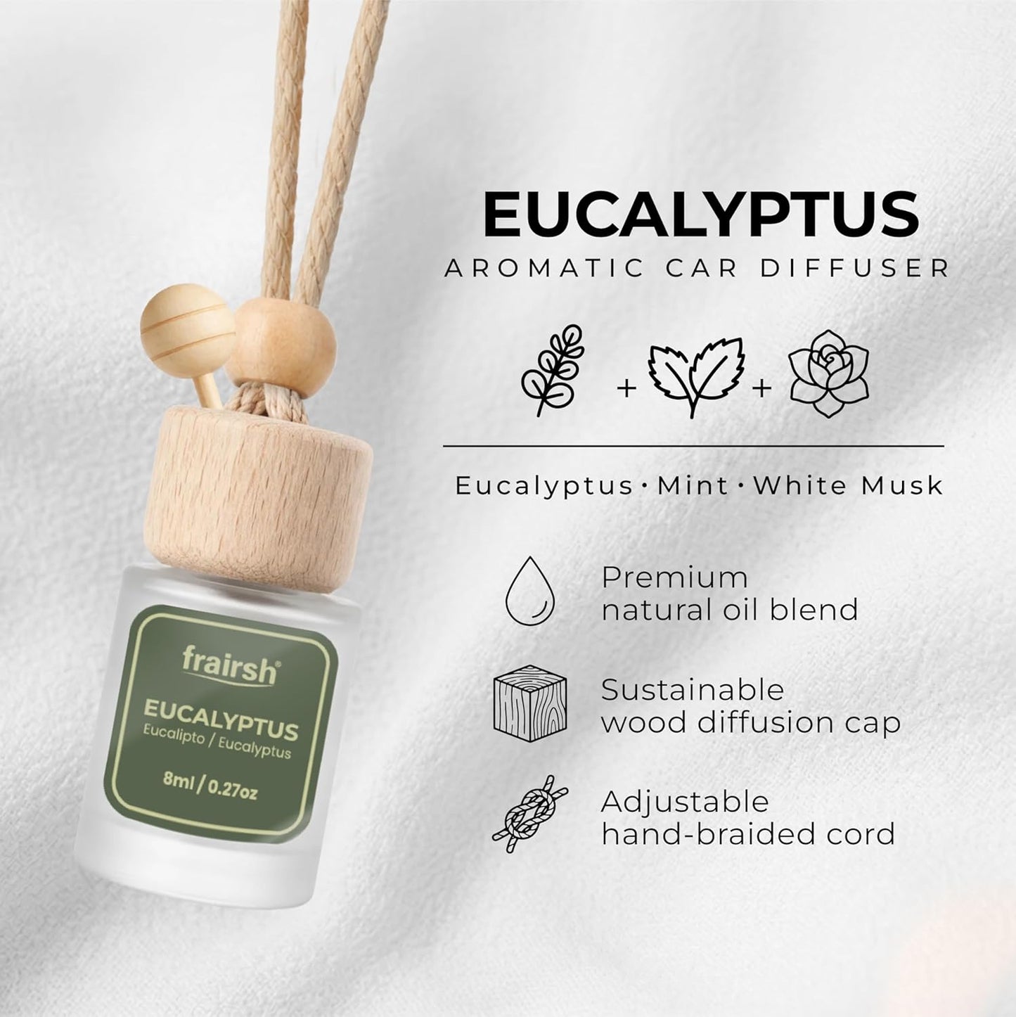 Hanging Car Air Freshener 3 Count, 8 ml Each, Eucalyptus Scent, Natural Odor Eliminator Essential Oil Diffuser, Gentle Soft Elegant Non-Overpowering Fragrance