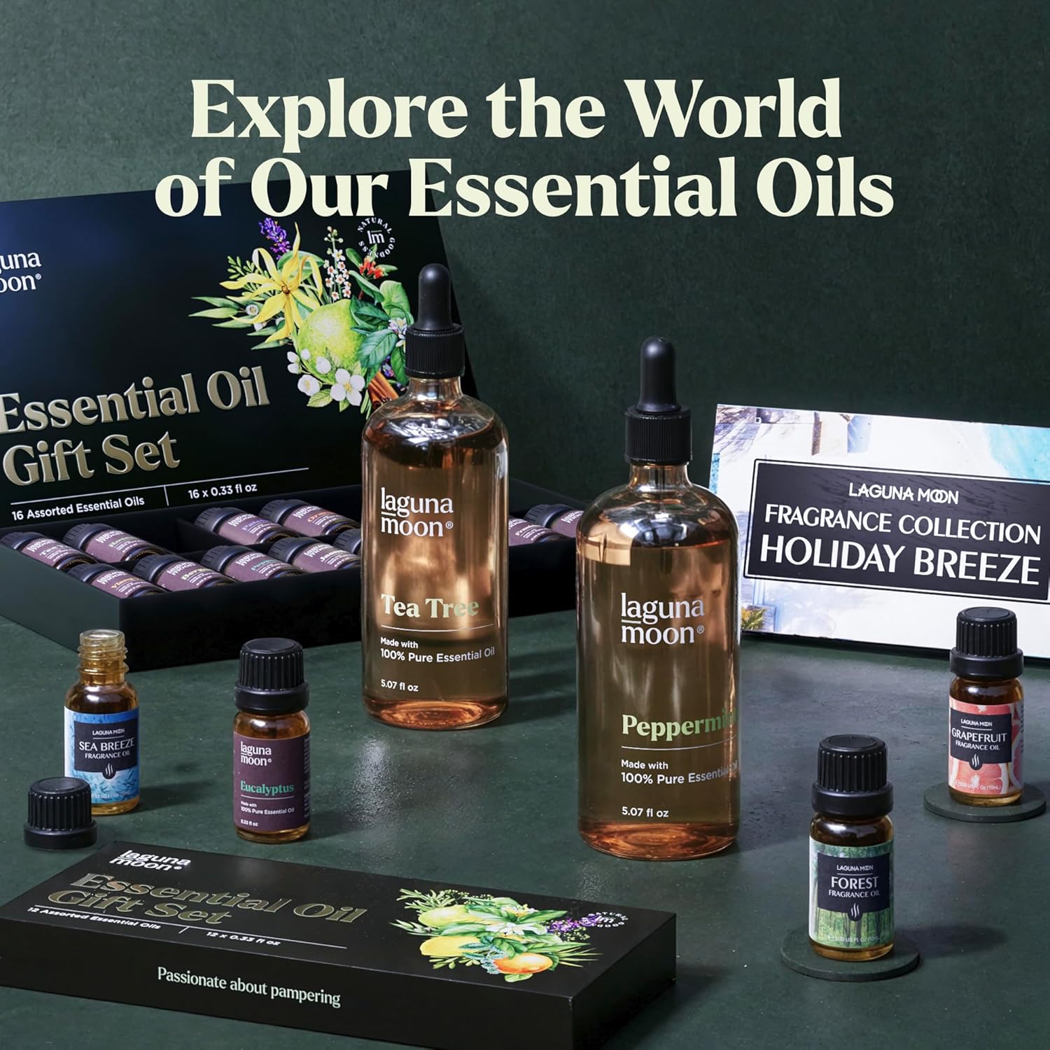 Lagunamoon Essential Oils Aromatherapy Set - 6 Oils for Diffusers, Home Care, Candle Making Scents, Fragrance, Humidifiers, Gifts - Peppermint, Tea Tree, Lavender, Eucalyptus, Orange (10mL)