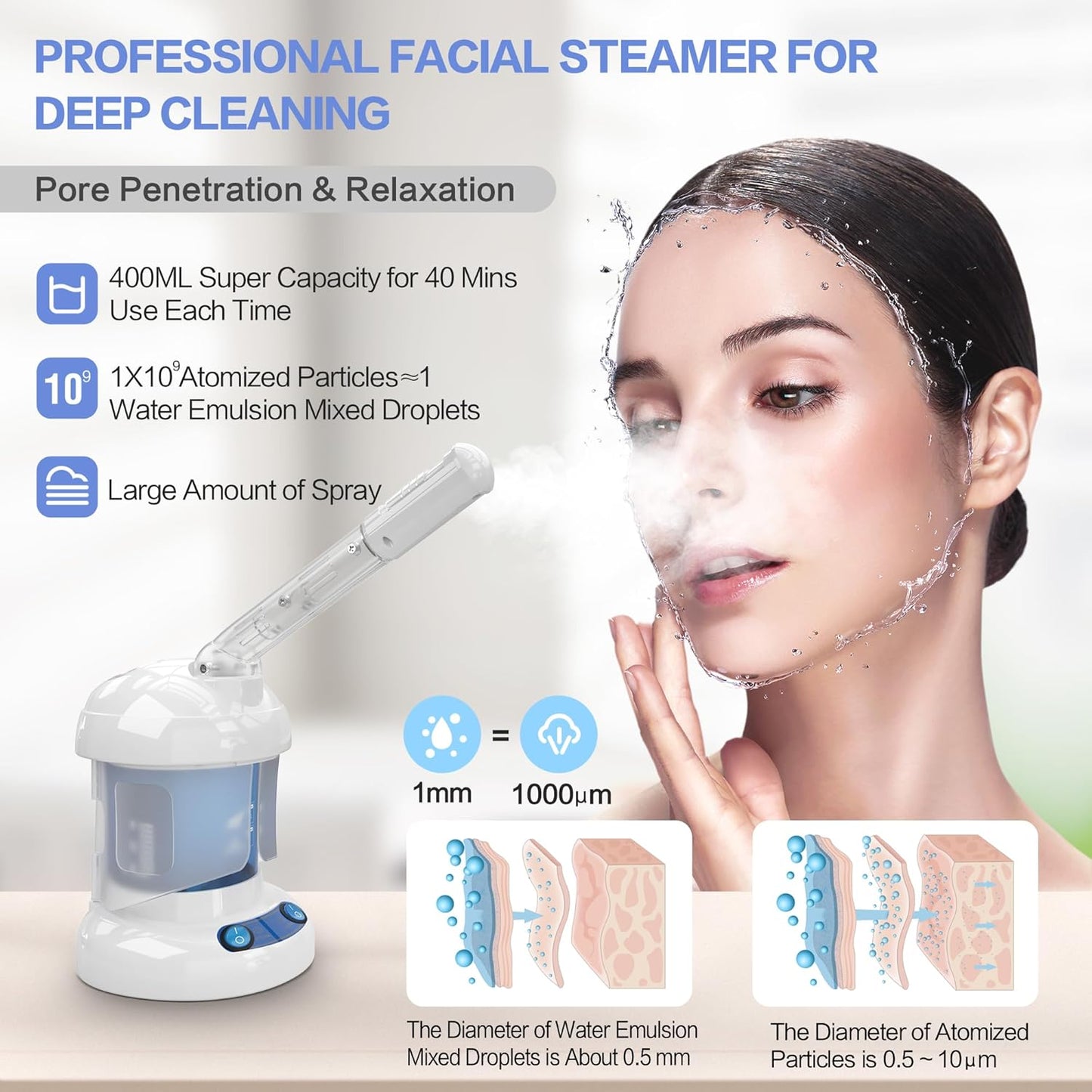 Facial Steamer - Ozone Steamer with Extendable Arm - Professional Nano Ionic Facial Steamer for Deep Cleaning - Portable for Personal Care Use at Home or Salon