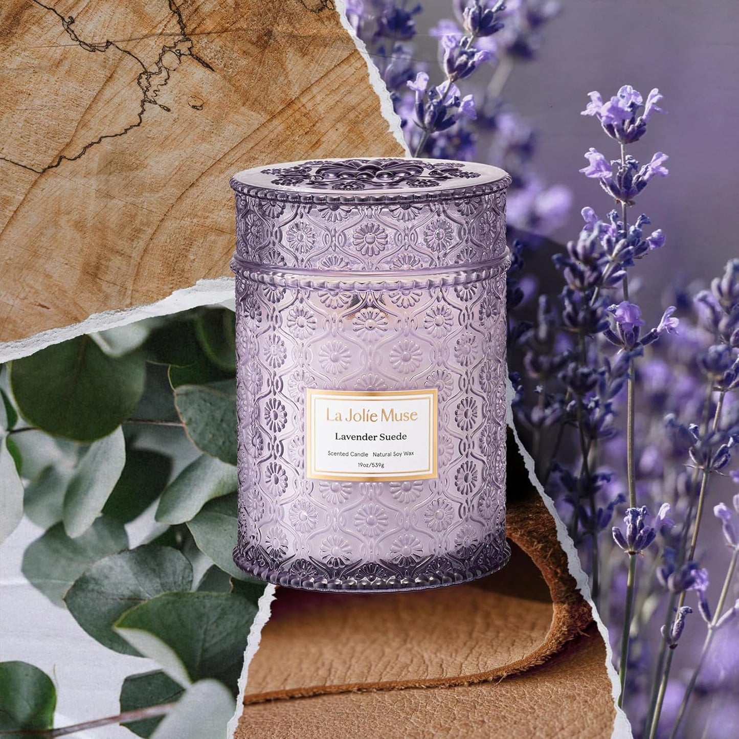 LA JOLIE MUSE Lavender Suede Scented Candles for Home,19 oz Natural Soy Wax | Large Jar Luxury Candle, Clean Non Toxic, Gift for Women & Men, Relaxing Aromatherapy, Decorative Purple Candles, Wood Wick