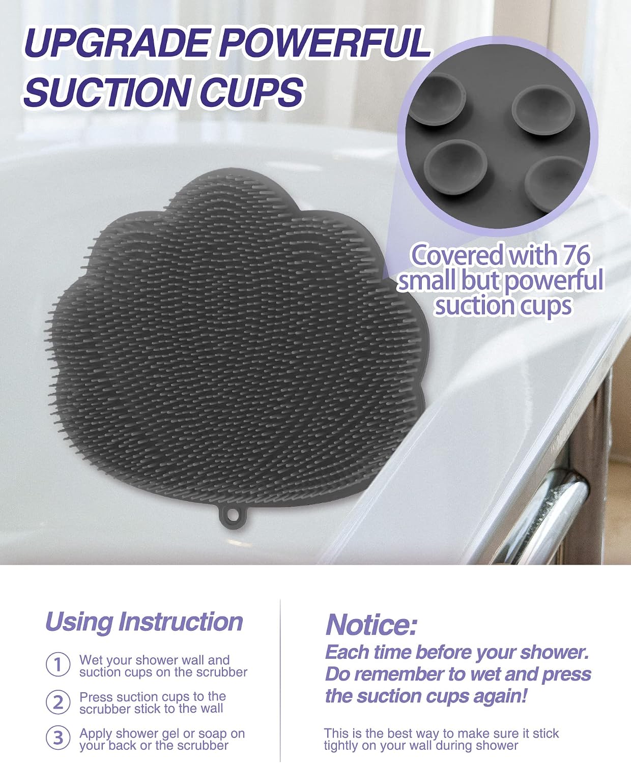 Manmihealth Upgrade Shower Foot Massager Scrubber & Bath Glove Set(2 PCS), Hands-Free Back Scrubber for Shower, Wall-Mounted Shower Brush with Body & Face Scrubber and Free Adhesive Hook. (Gray)