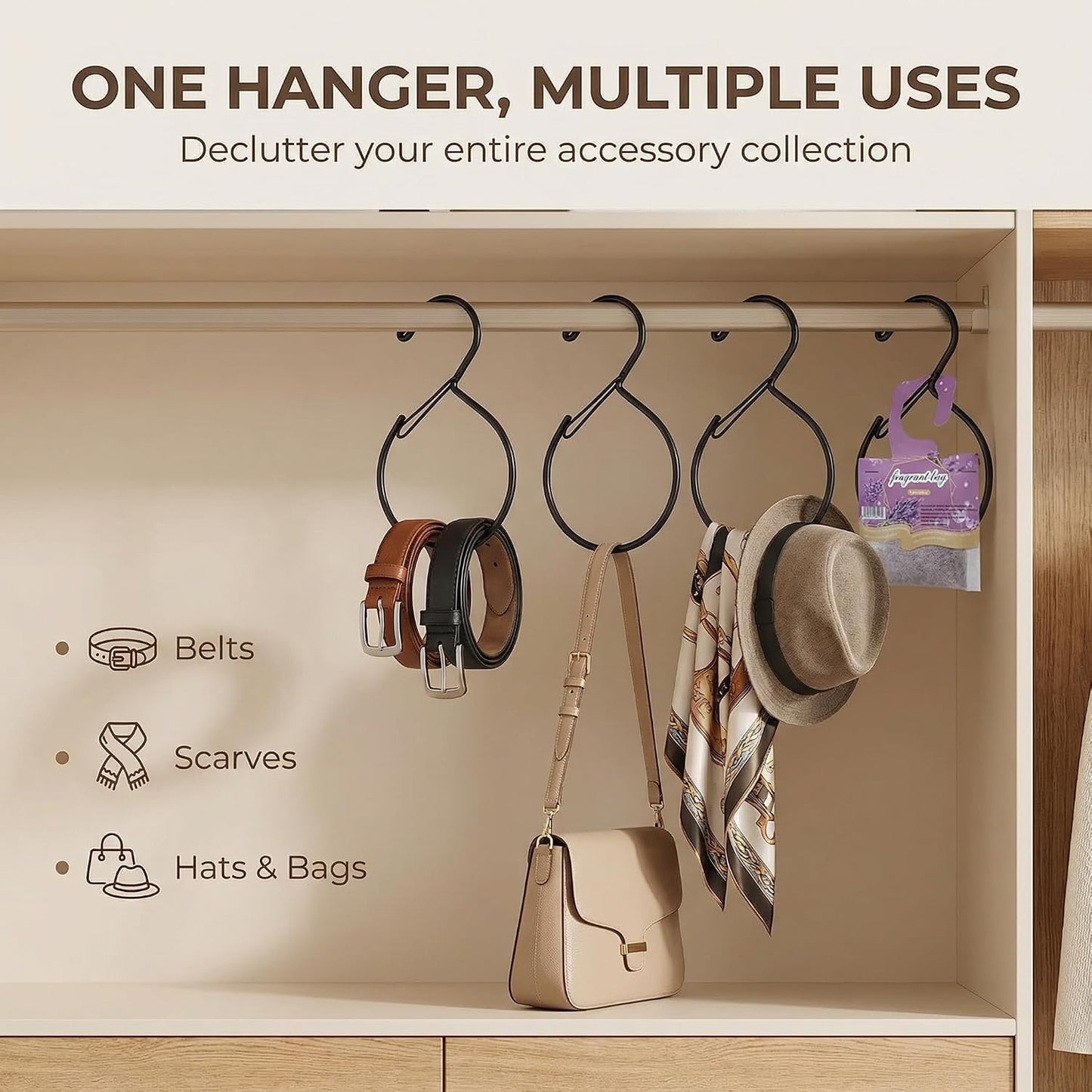 Scarf Hangers and Holder for Closet, 4 Pack Rust-Resistant Belt Hooks for Closet, S-Shaped Metal Belt Organizers, 15 lbs Heavy-Duty, Black, with 4 Lavender Sachets