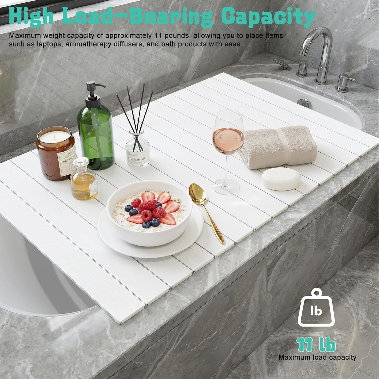 Foldable Bathtub Cover, 63x31.5x0.3in Bath Tub Tray Waterproof, Folding Bath Cover Insulation Table Dust Board, PVC Shutter Bathtub Lid Plate Fits Most Tubs for Bathroom Shower, White