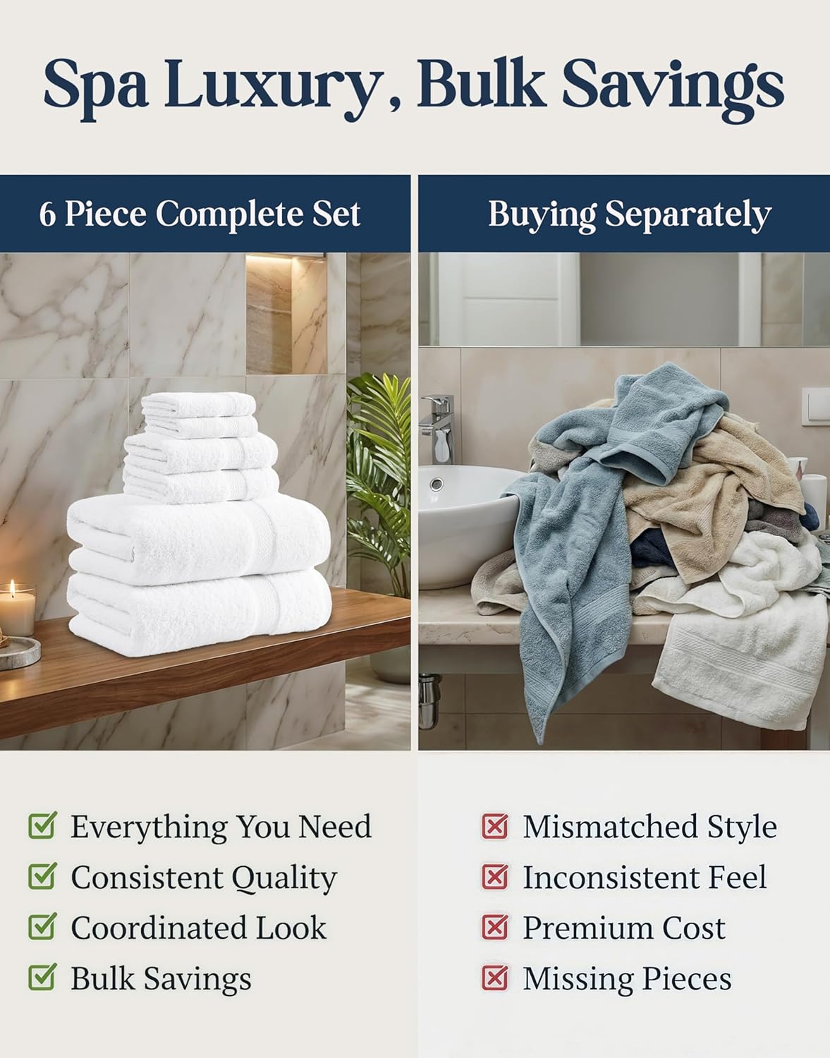 LANE LINEN 100% Cotton Bath Towel Set - 6 Pieces - Super Soft, Highly Absorbent & Quick Dry - 2 Bath, 2 Washcloths, 2 Hand Towels for Bathroom - Hotel Quality, Ideal for Spa, Gym & Travel - White