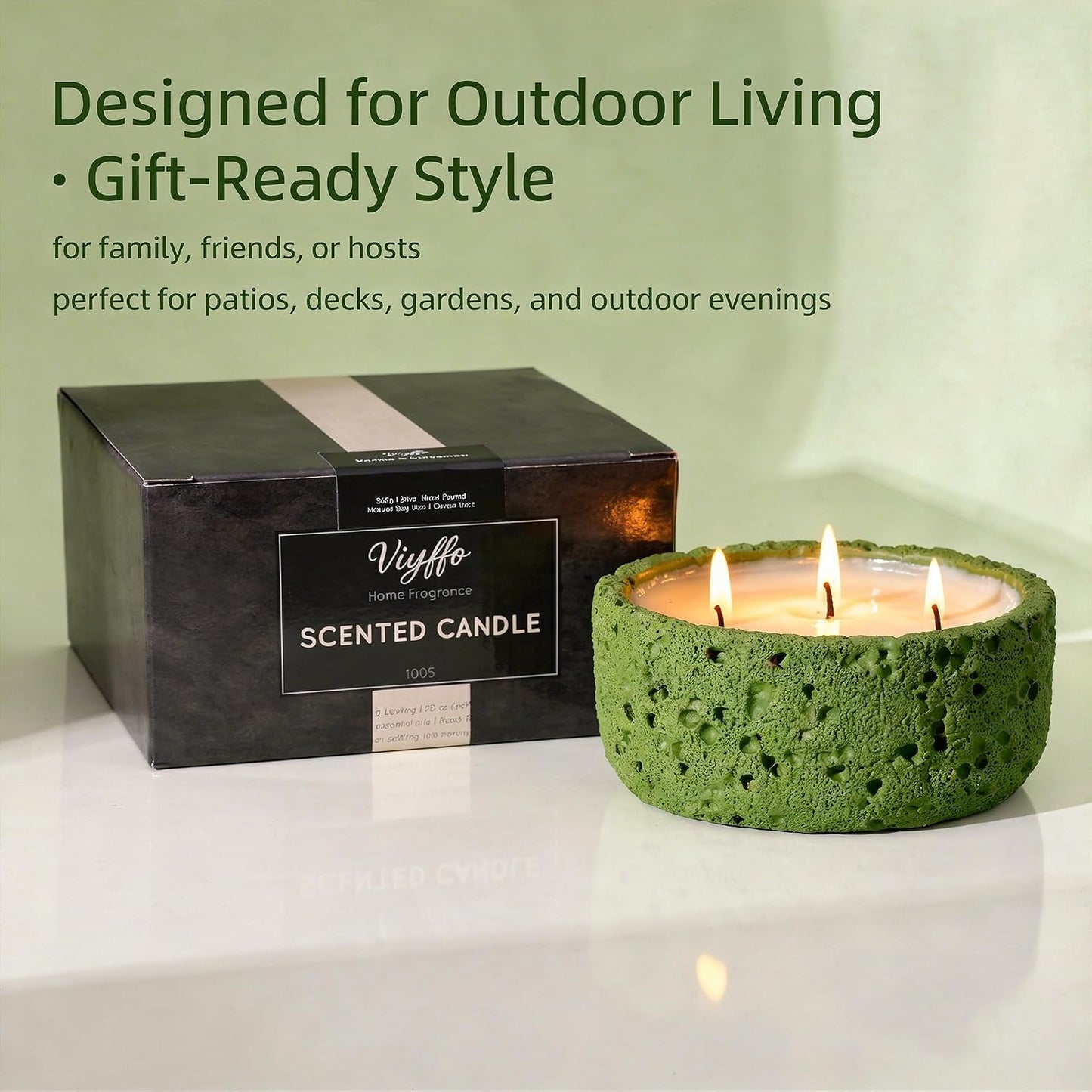 Viyffo 20oz Large Scented Candle – Woodland Breeze, 3 Wick Non Toxic Soy Candles for Women and Men, Elegant Matte Green Ceramic Jar, Luxury Home Fragrance, Elegant Outdoor Décor & Spring Gift