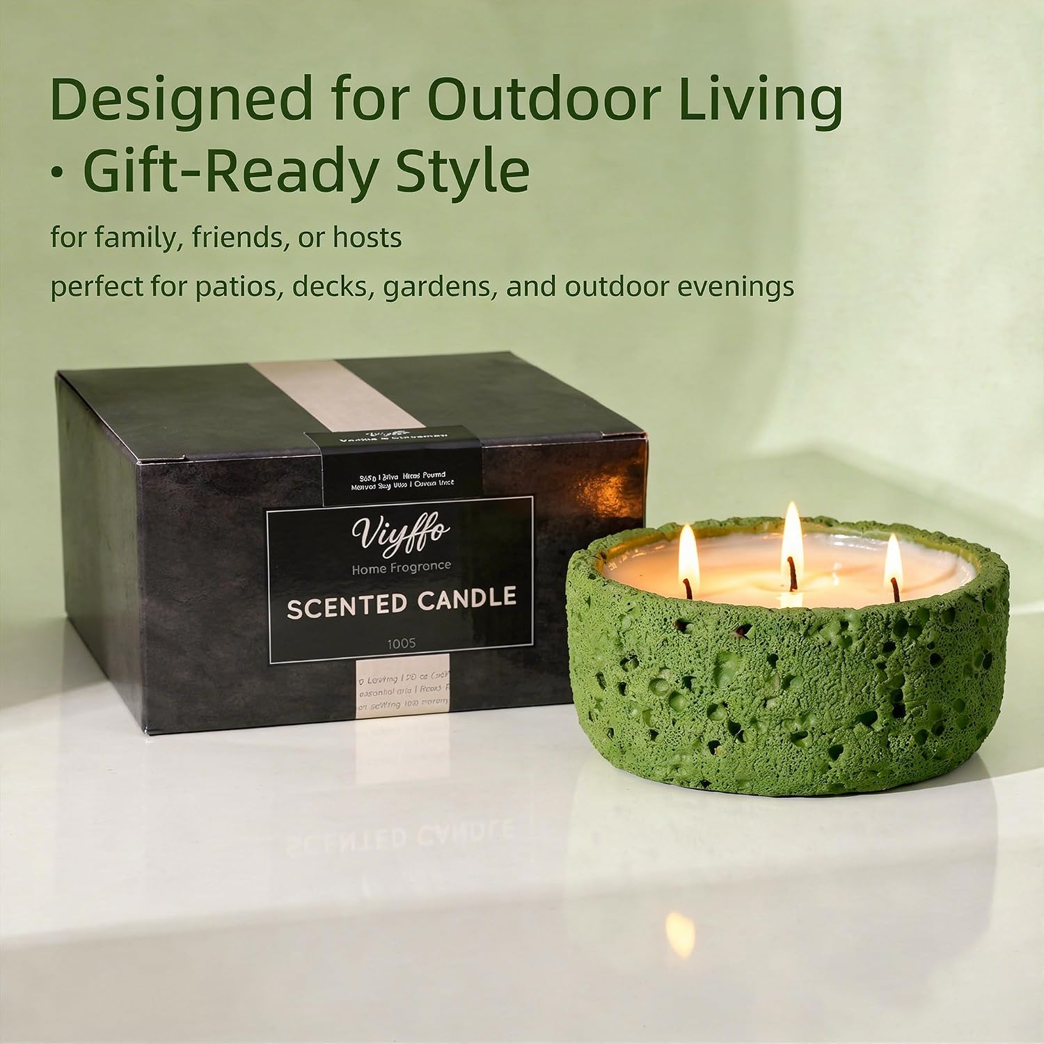 Viyffo 20oz Large Scented Candle – Woodland Breeze, 3 Wick Non Toxic Soy Candles for Women and Men, Elegant Matte Green Ceramic Jar, Luxury Home Fragrance, Elegant Outdoor Décor & Spring Gift
