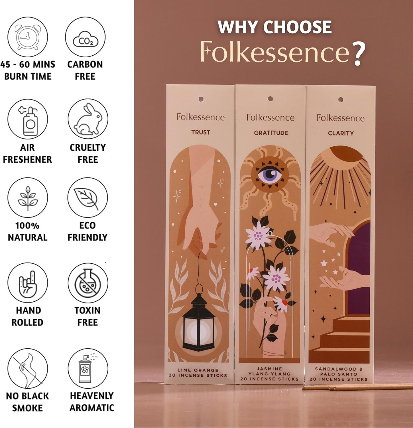 Folkulture Incense Sticks (240 Sticks) | Set of 12 Incense Sticks Variety Pack Aromatherapy Gifts | No Charcoal, Organic, Non Toxic, 45 Mins, Long Burning Jasmine, Patchouli, Palo Santo Insence-Sticks