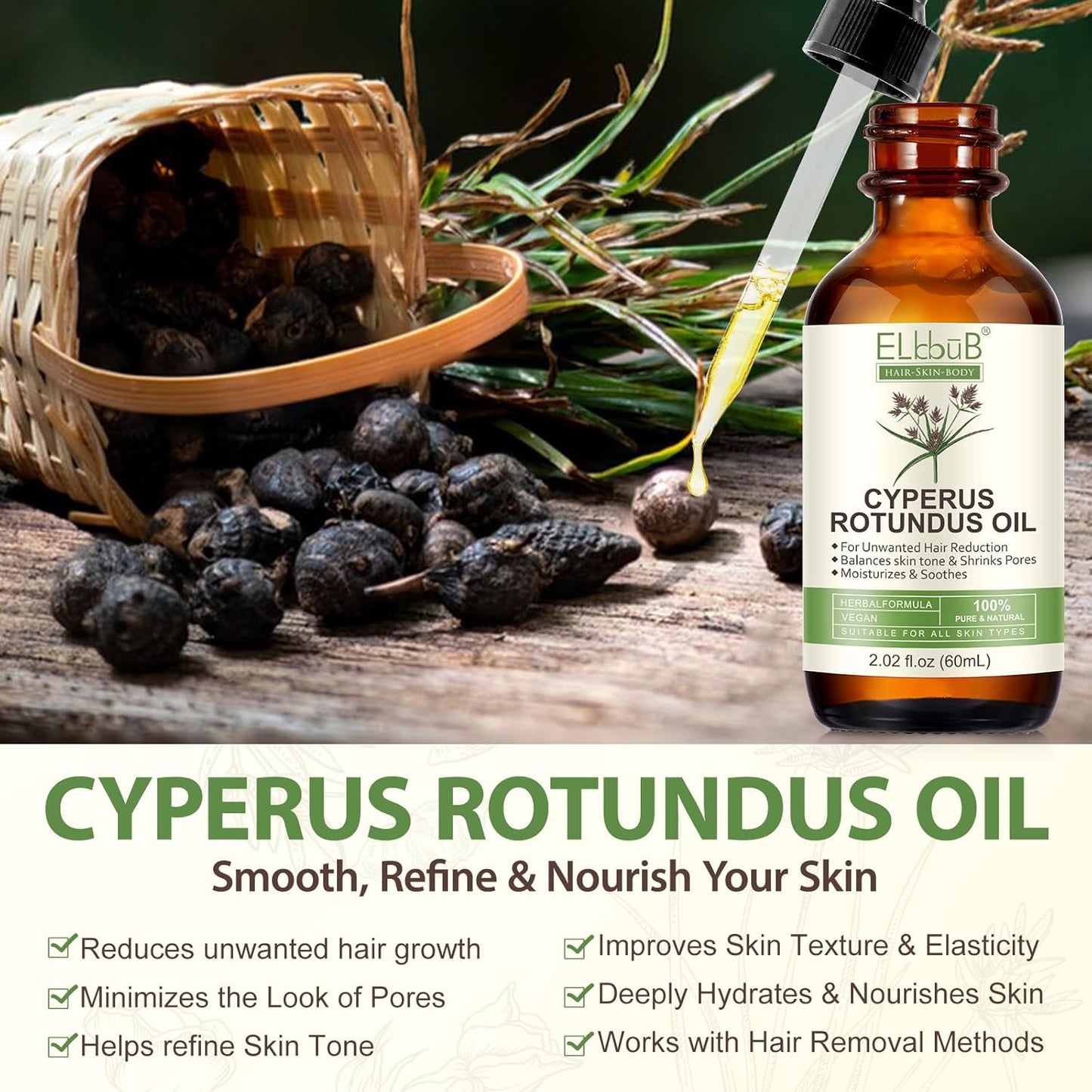 ELBBUB Cyperus Rotundus Oil - Natural Hair Minimizer & Post Shave Soothing Care - Enriched with Sweet Almond & Aloe - Gentle Moisturizing Body Oil for All Skin Types