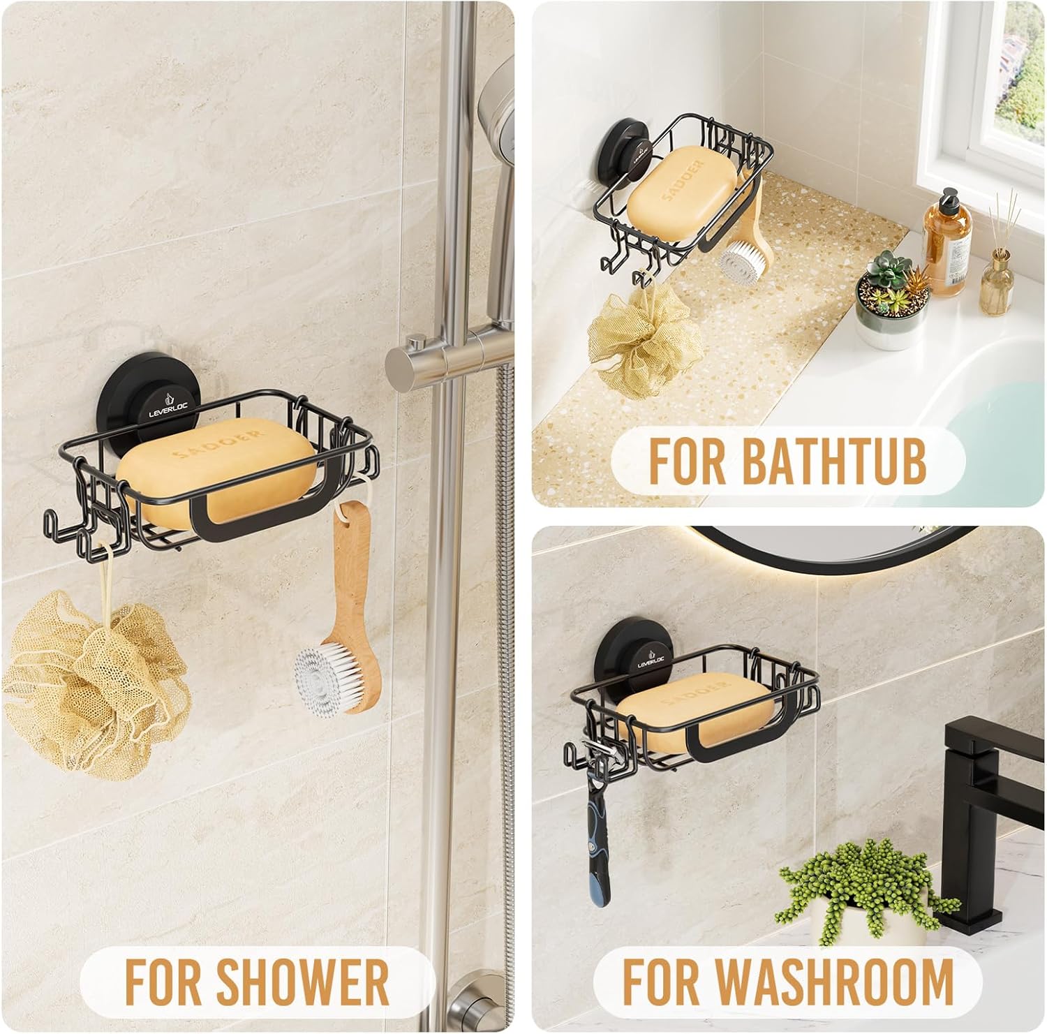 LEVERLOC Soap Holder Shower with Hooks, Bar Suction Cup Soap Dish Tray for Wall, Rust-Proof Stainless Steel Sponge Caddy for Bathroom Accessories Organizer Bathtub Kitchen Sink, Black