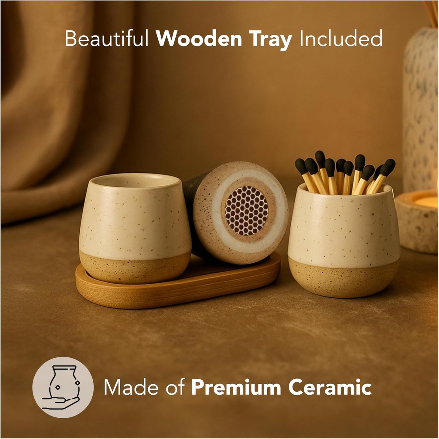 Set of 2 Ceramic Match Holders with Built-in Strikers and Wooden Tray - Modern Decorative Jar for Matches - Stylish Storage for Candles, Fireplaces, Jewelry *Matches not included*