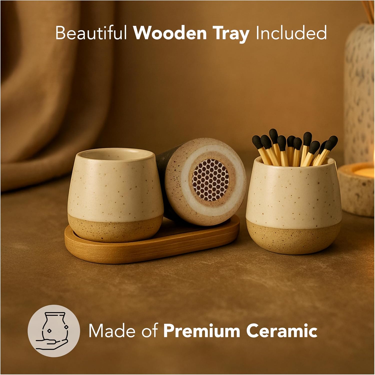 Set of 2 Ceramic Match Holders with Built-in Strikers and Wooden Tray - Modern Decorative Jar for Matches - Stylish Storage for Candles, Fireplaces, Jewelry *Matches not included*