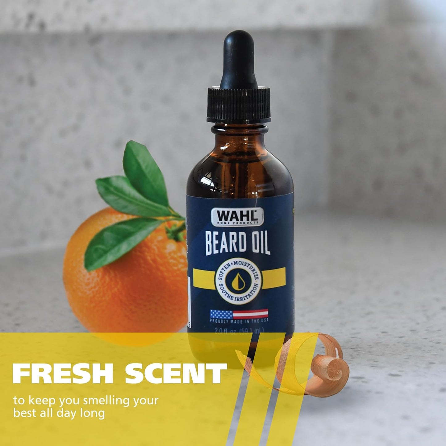 Wahl® Beard Oil for Men – Softens & Moisturizes Beard Hair, Soothes Skin Irritation - Contains Sweet Almond, Oat Kernel & Cinnamon Oils - Fresh Citrus Scent, 2.0 Fl Oz – Model 3028692