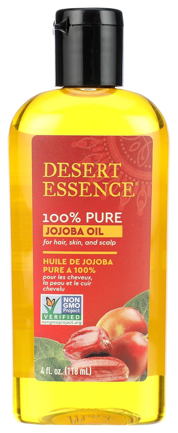 Desert Essence 100% Pure Jojoba Oil - 4 oz - Moisturizes Body Skin & Cleanses Clogged Pores -Nourishes Hair and Scalp - Hair Care & Skincare Essential Oil - Suitable for Sensitive Skin