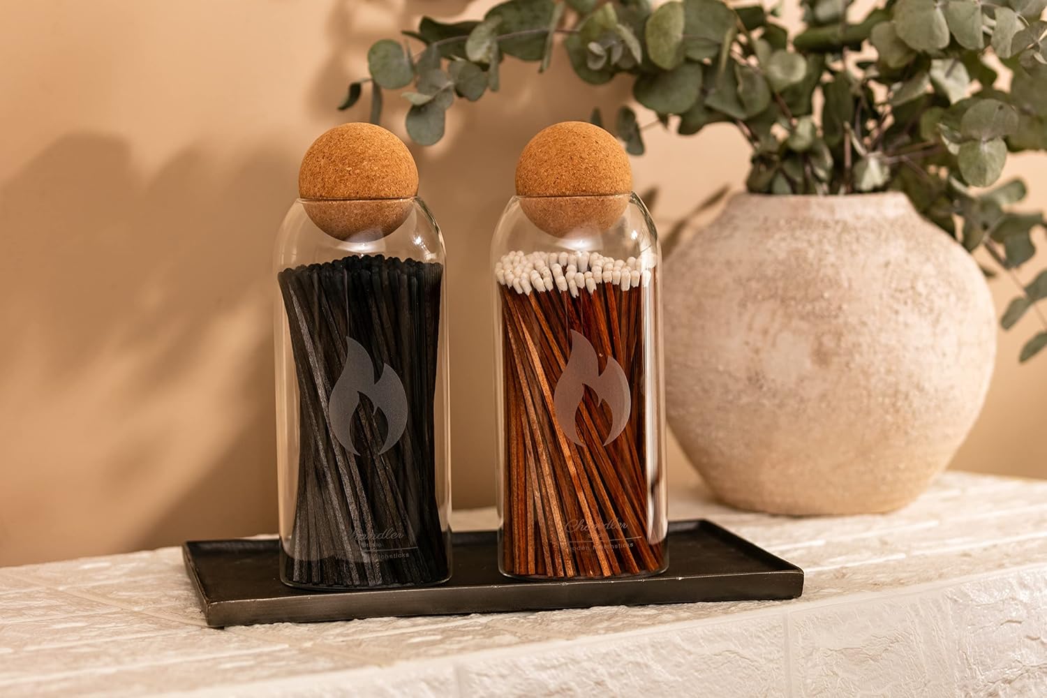 Fireplace - Candle Matches | Apothecary Decorative Glass Bottle - Approx. 200 Long Matchsticks in Jar (All Black)