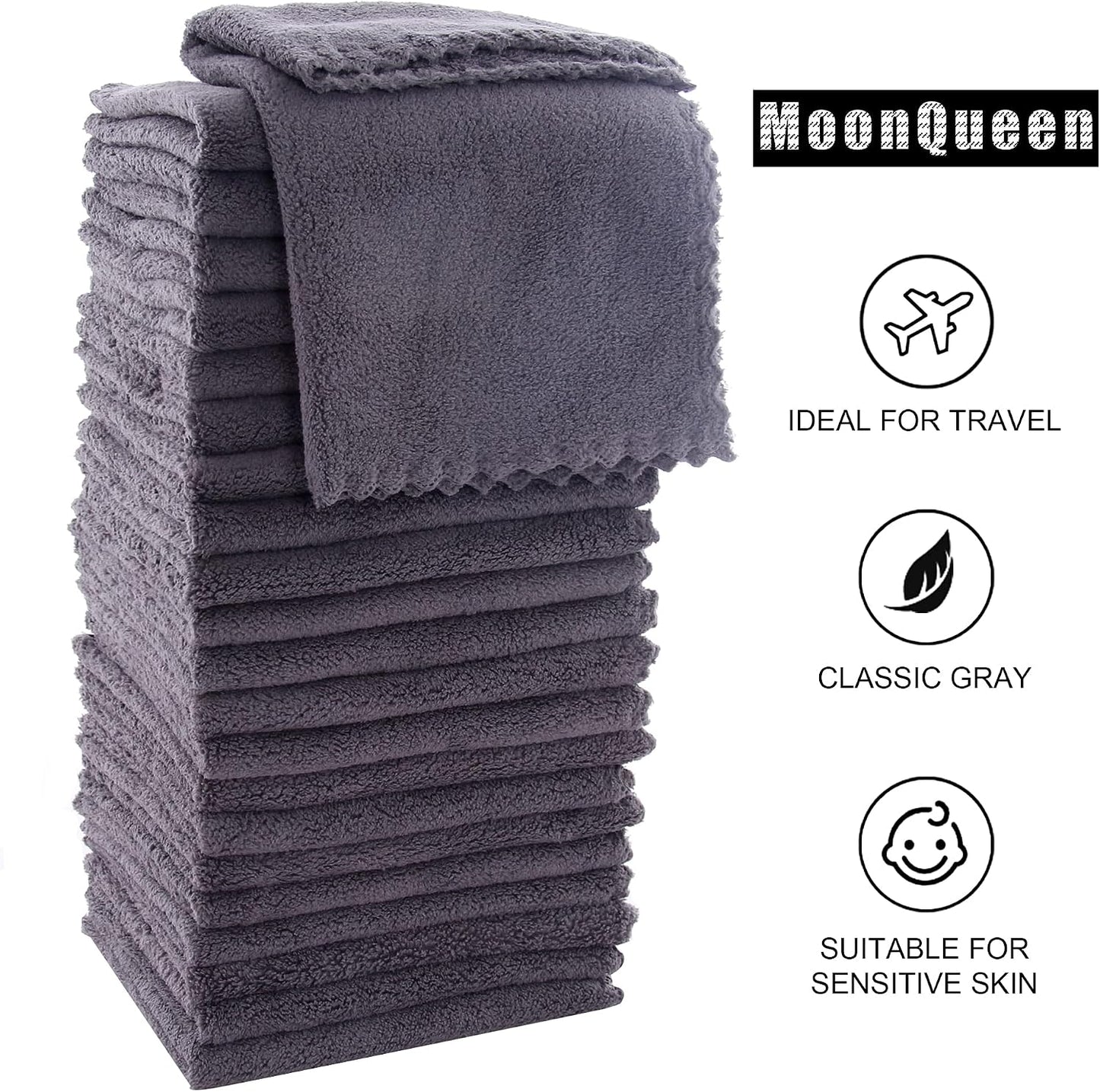 MOONQUEEN Ultra Soft Premium Washcloths Set - 12 x 12 inches - 24 Pack - Quick Drying - Highly Absorbent Coral Velvet Bathroom Wash Clothes - Use as Bath, Spa, Facial, Fingertip Towel (Grey)