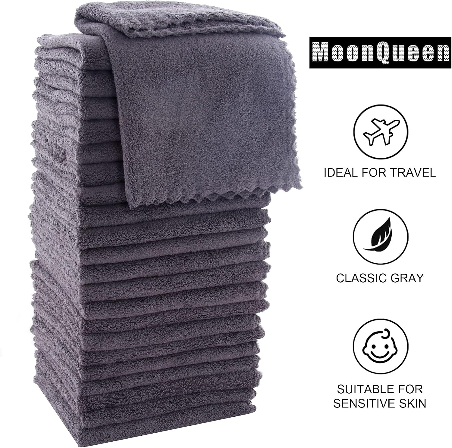 MOONQUEEN Ultra Soft Premium Washcloths Set - 12 x 12 inches - 24 Pack - Quick Drying - Highly Absorbent Coral Velvet Bathroom Wash Clothes - Use as Bath, Spa, Facial, Fingertip Towel (Grey)