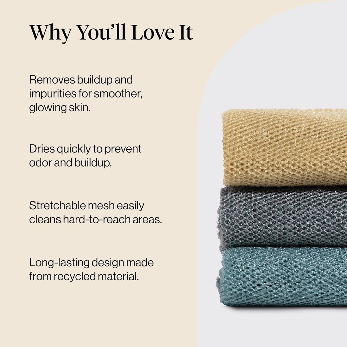 Kitsch African Net Sponge – Exfoliating Body Scrubber for Cleansing & Gentle Daily Exfoliation – Stretchable Bath Sponge for Hard-to-Reach Areas, Long-Lasting Shower Essential - Aqua Grey, 3 Pcs