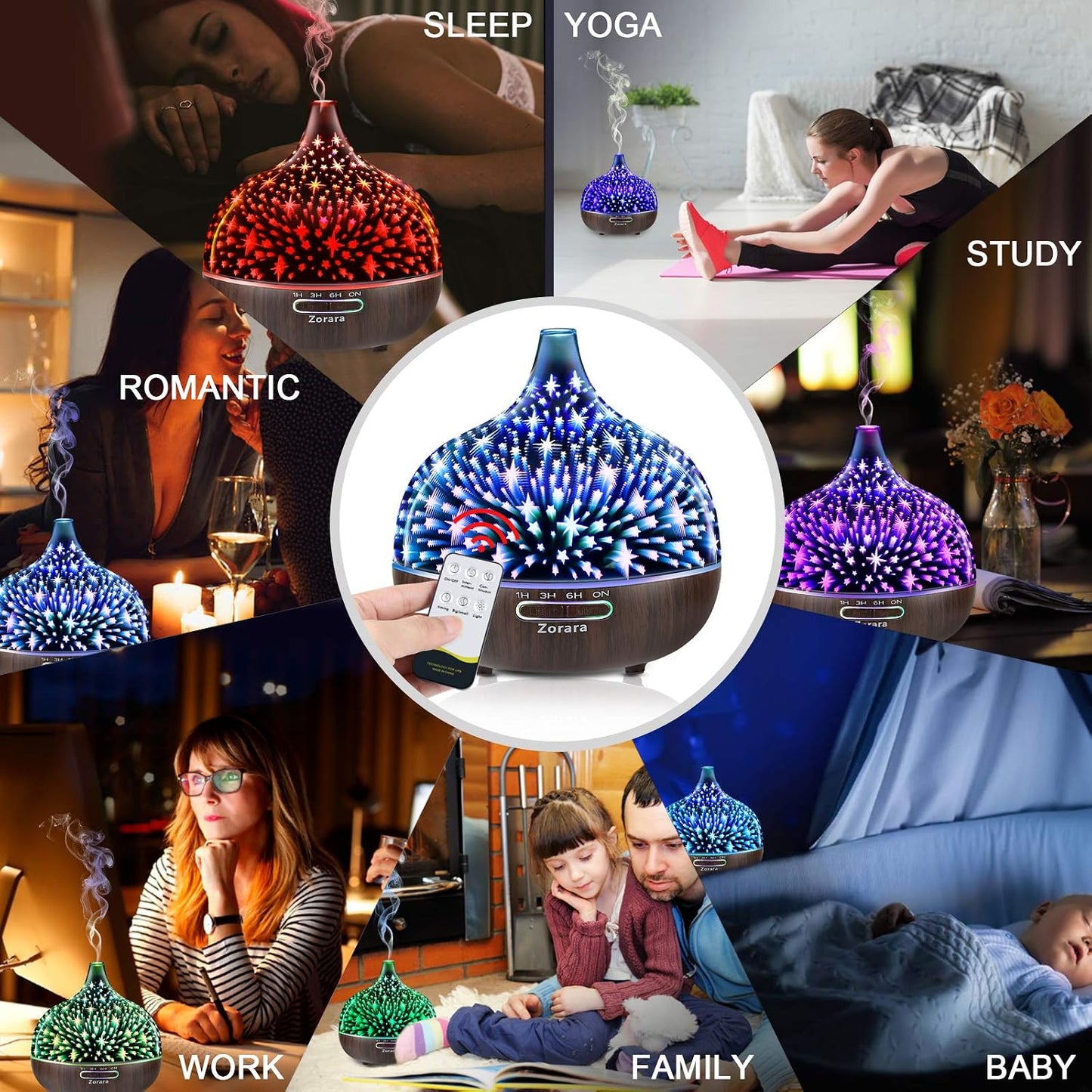 Essential Oil Diffuser 550ml Cool Mist Humidifier 3D Glass Ultrasonic Aromatherapy Humidifier with 7 Color Changing Led Lights, Waterless Auto Shut-Off, Adjustable Timer, Remote Control, Star