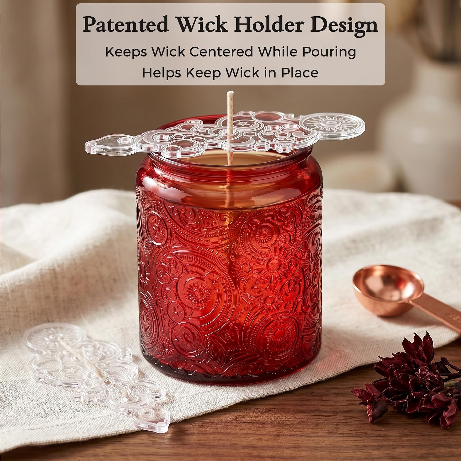 8 oz Red Sun Moon Stars Candle Jars with Metal Lids, 9 Pack | Patented Embossed Design, Includes Wick Centering Devices & Warning Labels, Multiple Color Options