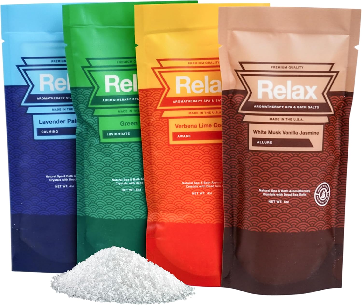 Relax Spa & Bath Aromatherapy Variety Pack Bath Salts for Hot Tub, Bath, or Spa, Four 4oz Bags Infused with Magnesium, Bath Salt for Soaking, Escape Line Scent