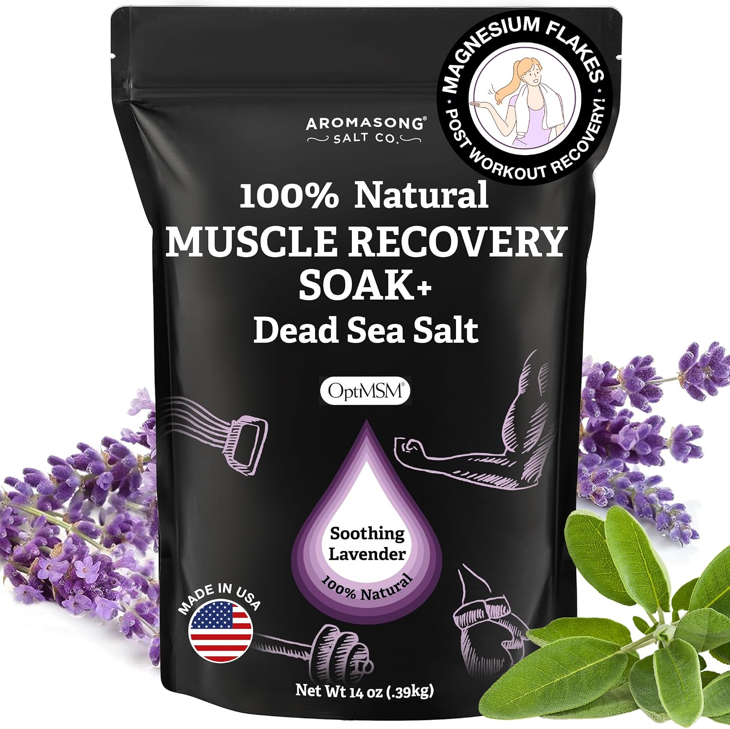 Aromasong Muscle Recovery Bath Soak with Dead Sea Salt, OptiMSM, Magnesium Flakes & Essential Oils for Post Workout Soreness - Made in USA - 14 oz. Bag Bath Salt for Pain Relief.