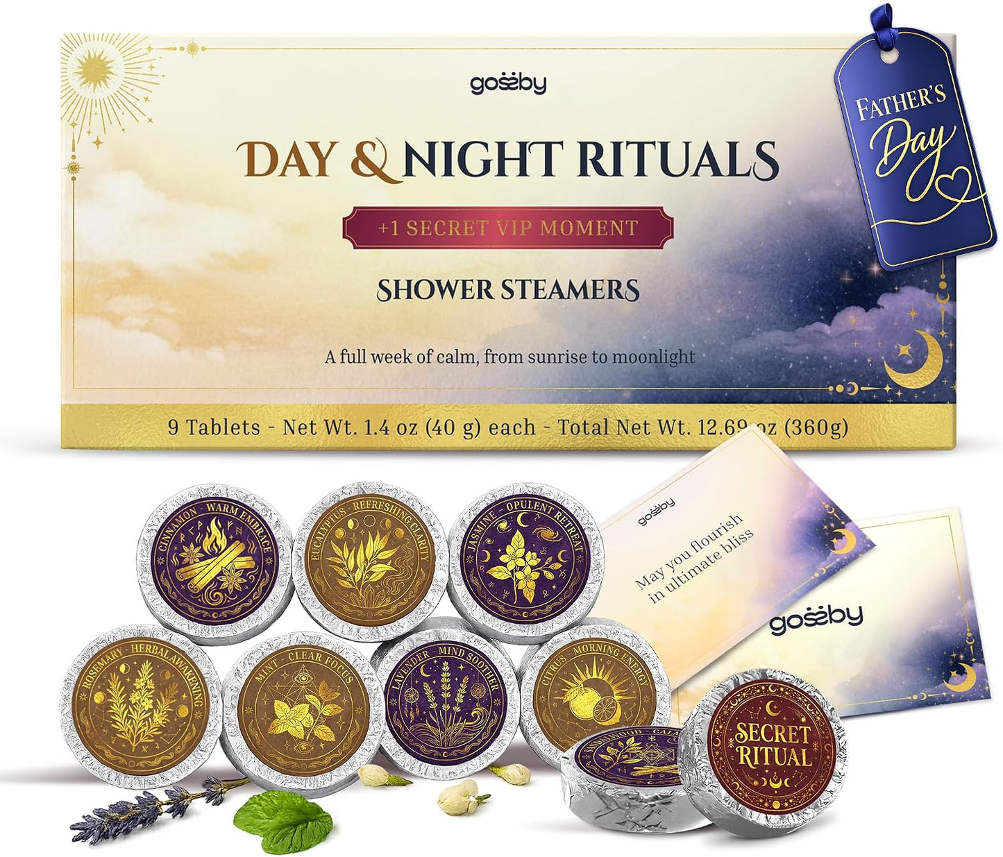 GOSSBY Shower Steamers Aromatherapy (9pcs) – Fathers Day Gift for Dad, Birthday Gifts for Women and Men, Self Care Relaxation Stress Relief Natural Essential Oils – Day & Night Rituals