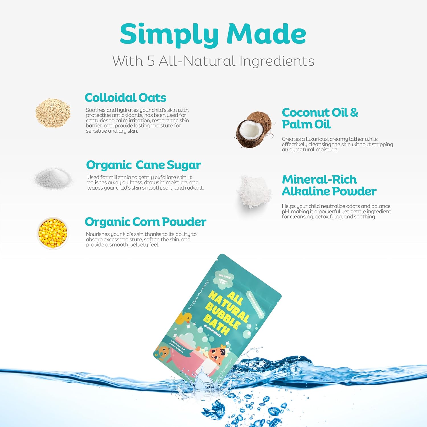 All Natural Bubble Bath for Kids & Baby, Hypoallergenic Bubble Bath Kids with Sensitive Skin, Gentle Eczema Safe Baby Essentials, Unscented Powder Mix with Colloidal Oats, Up to 30 Baths