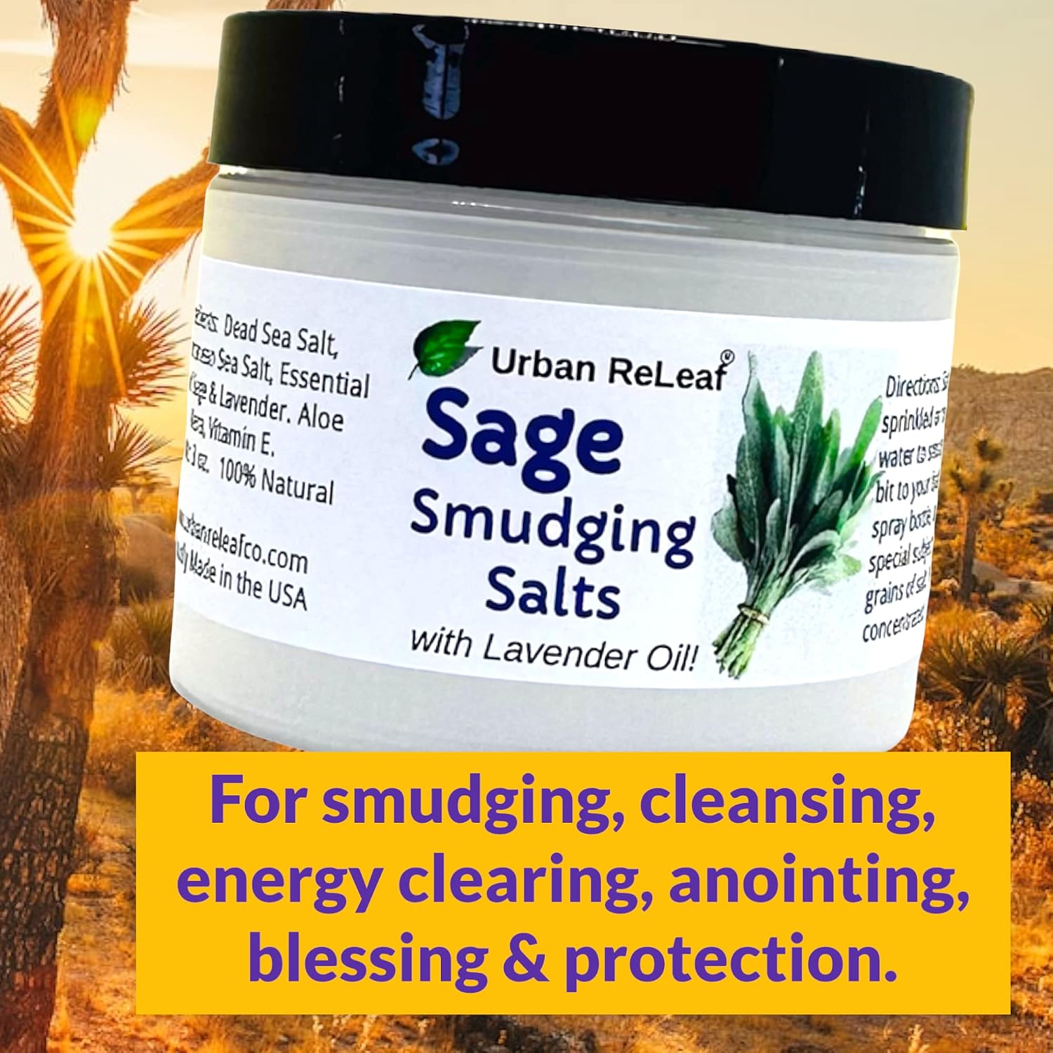 Urban ReLeaf Sage Smudging Salts with Lavender Oil | Safe & Smokeless, Smudge Cleanse Protect Bless Anointing, Fresh from USA, 100% Natural, Vegan