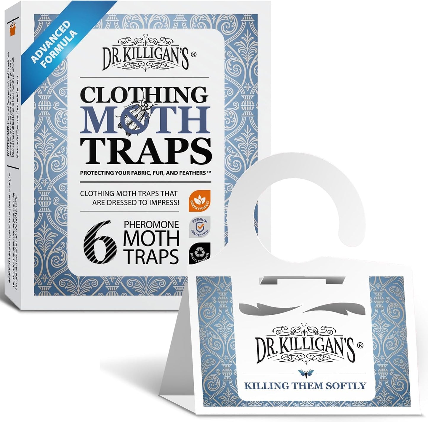 Dr. Killigan Premium Clothing Moth Traps with Pheromones Prime | Non-Toxic Clothes Moth Trap with Lure for Closets | Moth Killer Treatment & Prevention (6, White)