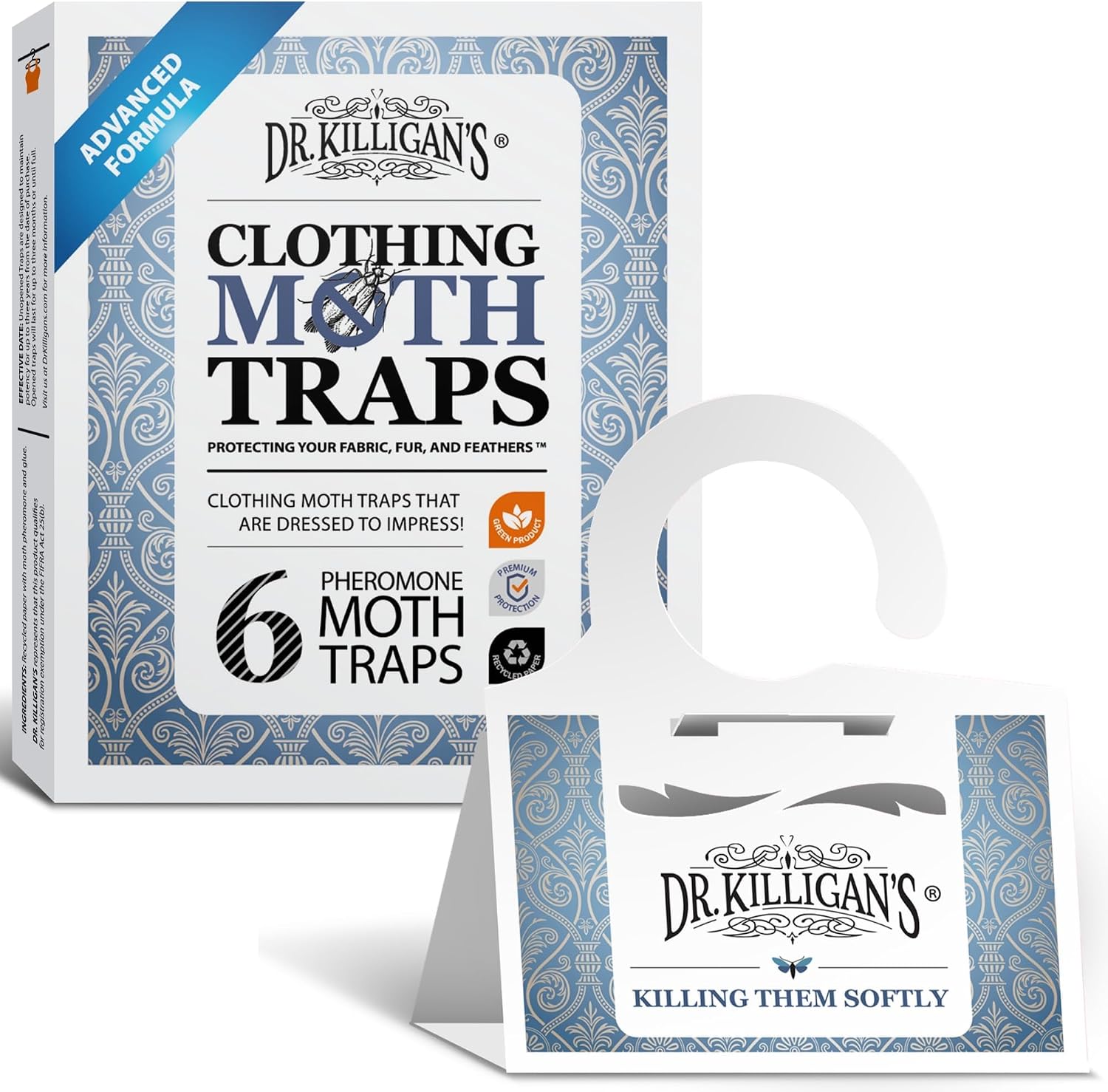 Dr. Killigan Premium Clothing Moth Traps with Pheromones Prime | Non-Toxic Clothes Moth Trap with Lure for Closets | Moth Killer Treatment & Prevention (6, White)