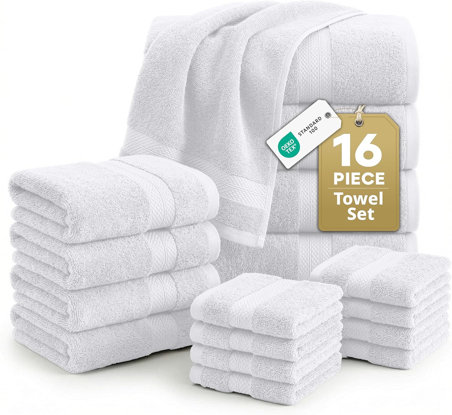 LANE LINEN 100% Cotton Bath Towel Set - 16 Pieces - Super Soft, Highly Absorbent & Quick Dry - 4 Bath, 8 Washcloths, 4 Hand Towels for Bathroom - Hotel Quality, Ideal for Spa, Gym & Travel - White