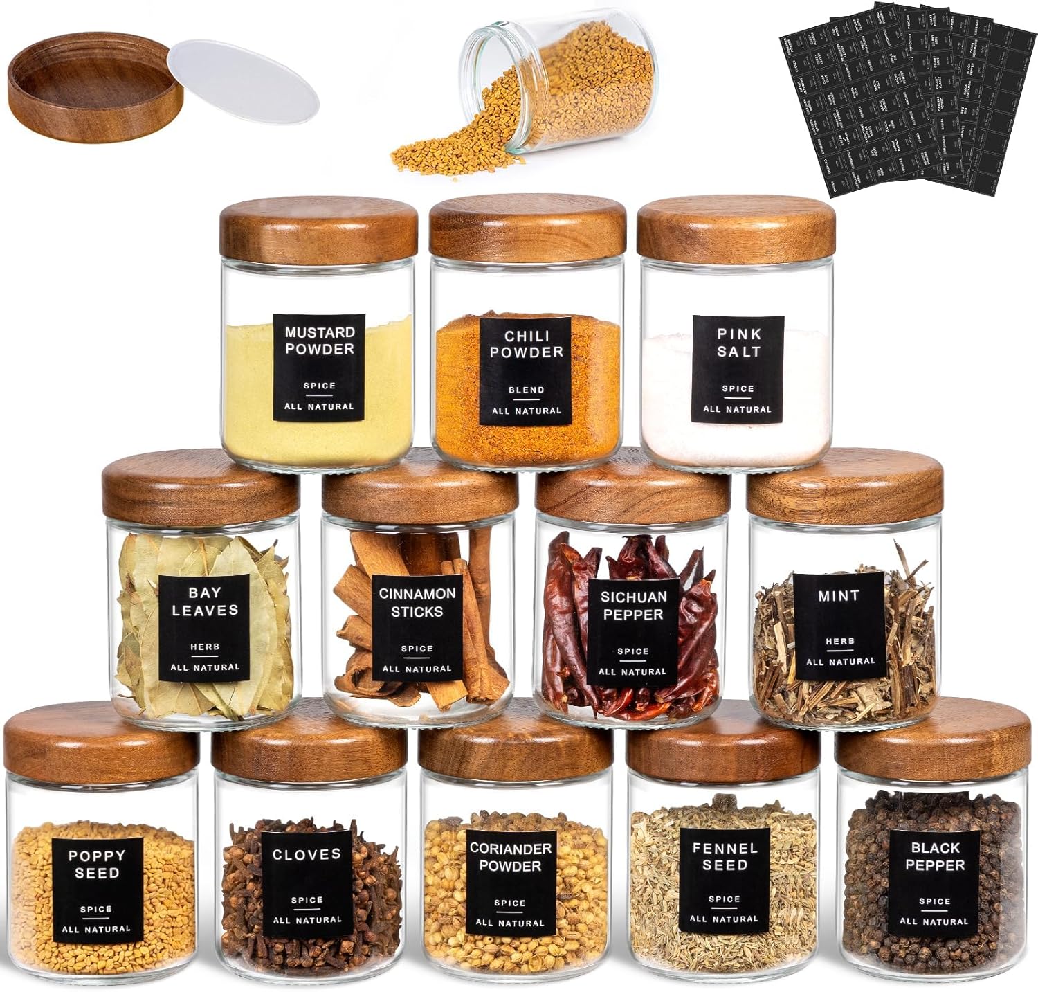Yangbaga Glass Spice Jars with Labels: 12pc 8oz Round Seasoning Storage Containers with lid,Pepper Grinder,Funnel; Empty Spice Organizer Bottles for Kitchen Rack Drawer Cabinet