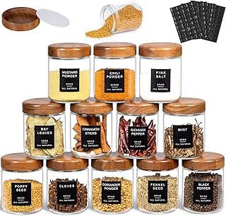 Yangbaga Glass Spice Jars with Labels: 12pc 8oz Round Seasoning Storage Containers with lid,Pepper Grinder,Funnel; Empty Spice Organizer Bottles for Kitchen Rack Drawer Cabinet