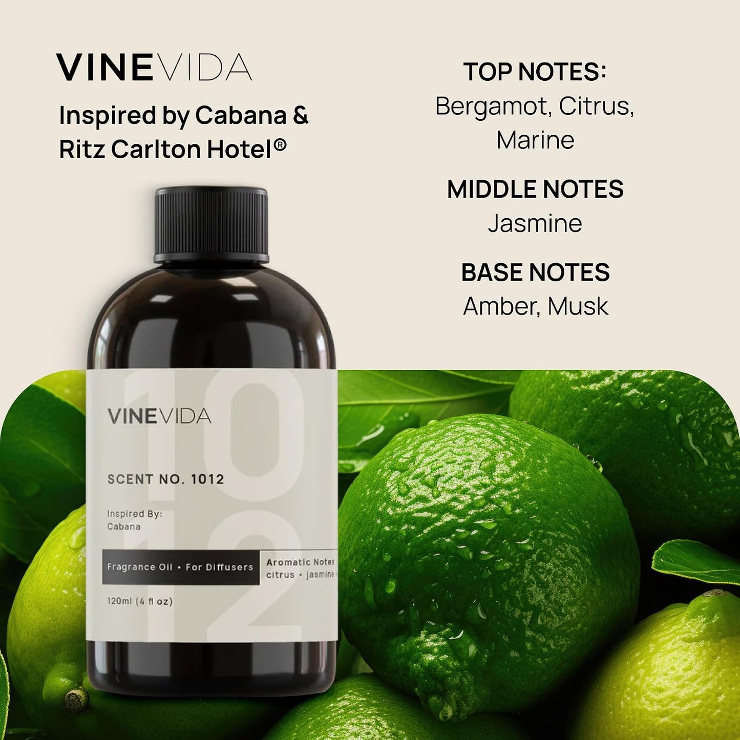 VINEVIDA [4 Fl Oz] Hotel Diffuser Oil | Scent No.1012 Inspired by Ritz Carlton Hotel | Waterless Cold Air Scent Refill | Diffuser Essential Oils - Home Luxury Scents