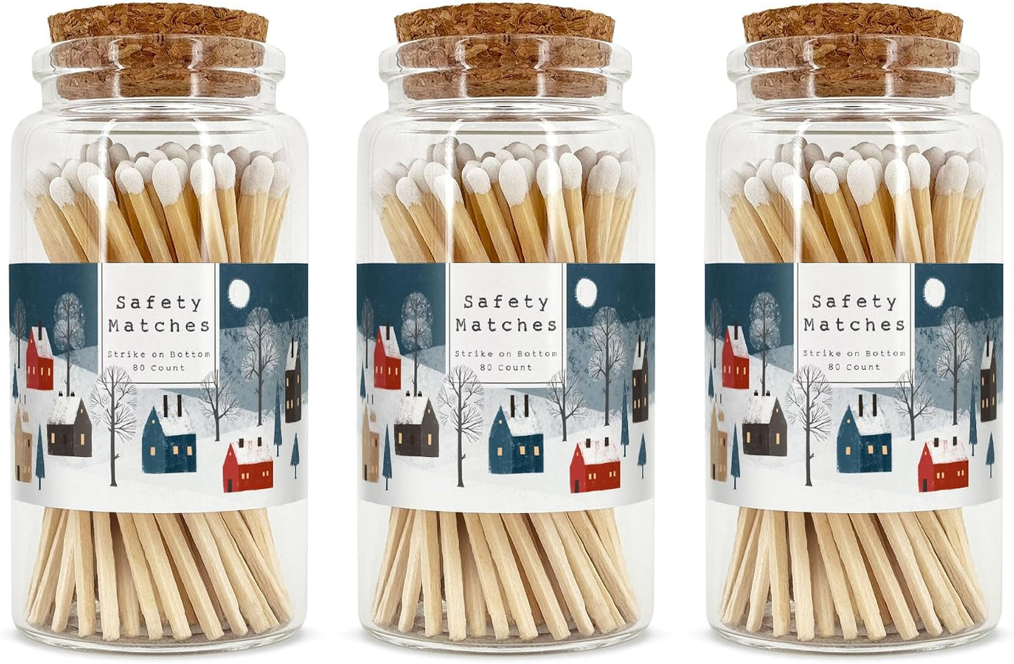 Snowy Village Wooden Matches in a Jar with Striker | Decorative Matches for Candles | Long Matches for Candles in Apothecary Glass Jar | Approx. 80 Safety Matches for Home Decor & Bathroom